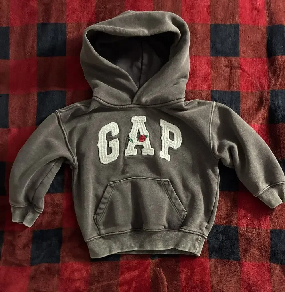 Baby GAP brown Pullover Hoodie distressed Embroidered w/rose Logo rare 3 yr old